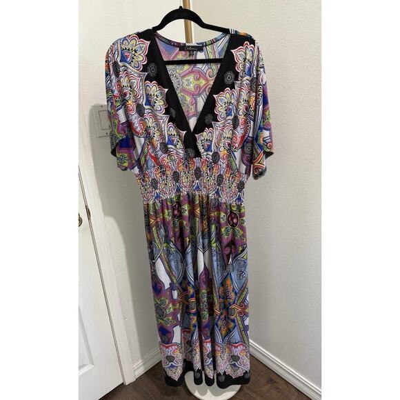 Calessa Dresses & Skirts - Calessa Women Dress Printed V-Neck Smocked Waist Midi Lounge Colorful Sz X-Large